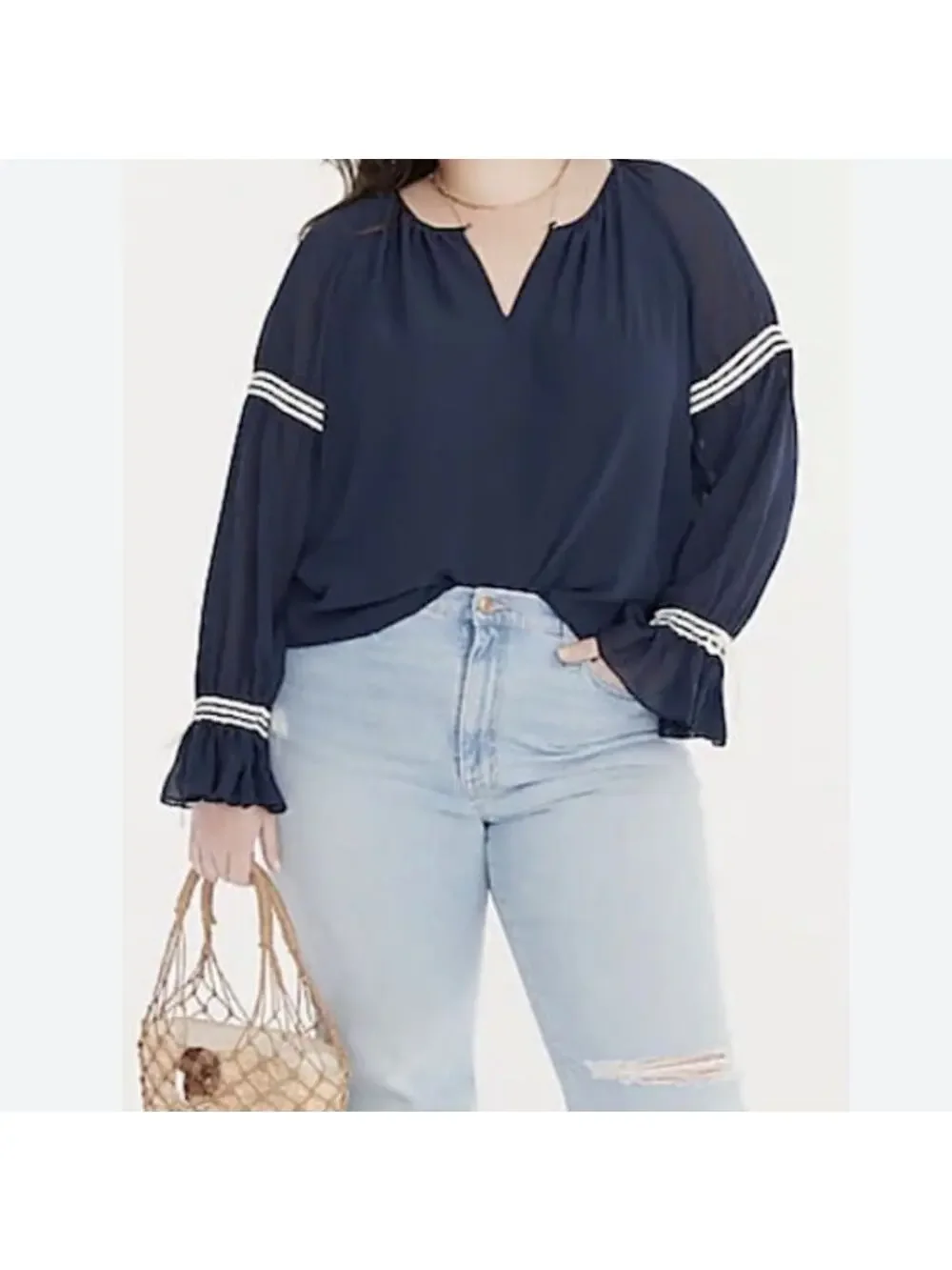 NWT J. CREW Flutter Cuff Crinkle Chiffon Top Blouse Peasant Navy Blue White sz M